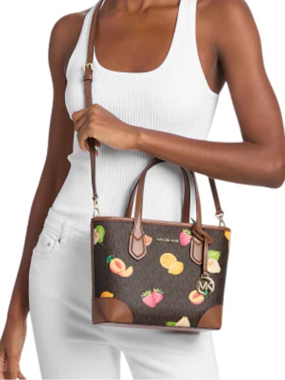 Michael Kors Brown Logo Tote with Colorful Fruit Print